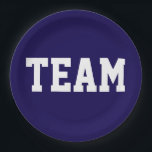 TEAM Sporty Athletic White Text On Deep Navy Blue Papieren Bordje<br><div class="desc">This sporty design features athletic bold TEAM white text against deep navy blue background.   The colors and text in this design can be personalized.</div>