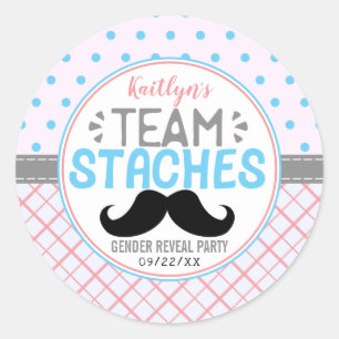 "Team Staches" Moderne Gender Onthulling Party Ronde Sticker