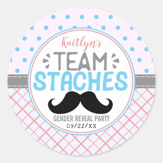 "Team Staches" Moderne Gender Onthulling Party Ronde Sticker (Voorkant)