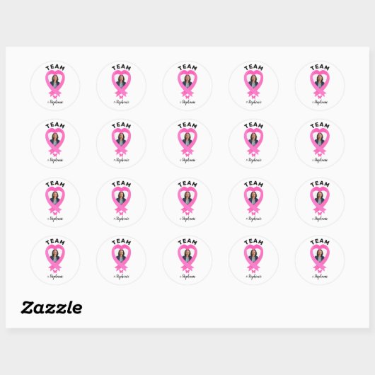 Team Support Aangepaste foto & naam Roze lint Ronde Sticker (Vel)