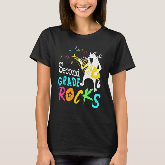 Team Tweede Klas Rocks 2e Klas Kat Speelt Gui T-shirt (Voorkant)