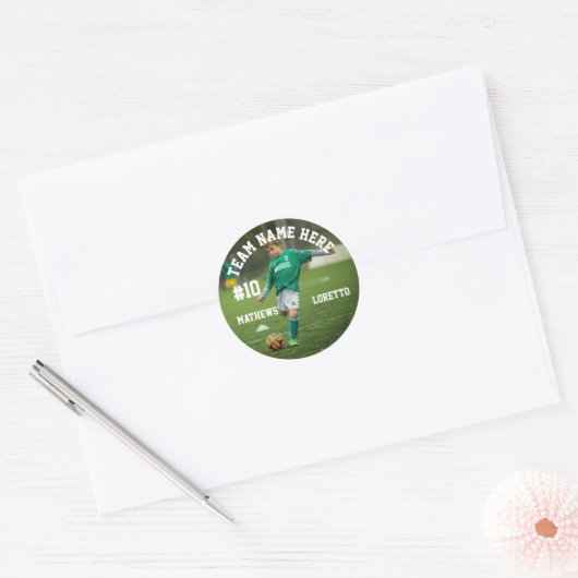 Teamnaam Speler Fotonummer & naam Voetbal Ronde Sticker (Envelop)