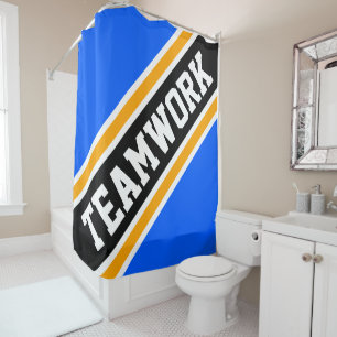 TEAMWERK Helderblauw Oranje Zwart Racing Strepen Douchegordijn