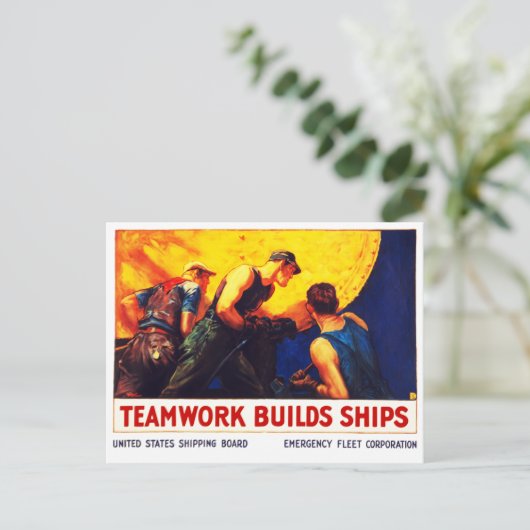Teamwork bouwt schepen briefkaart (Staand voorkant)