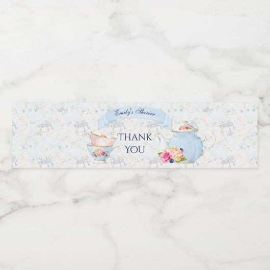 Teapot Blue White roze Waterfles Etiket (Enkel label)