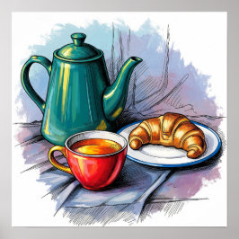 Teapot en Croissant Stilleven Poster