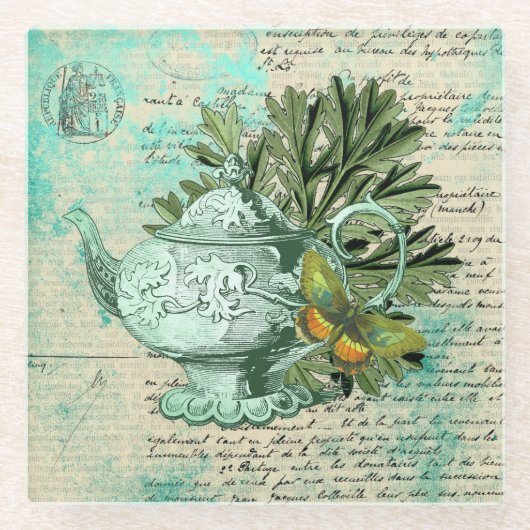 Teapot & Ephemera Collage Glazen Onderzetter (Voorkant)