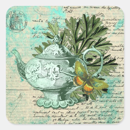 Teapot & Ephemera Collage Vierkante Sticker (Voorkant)