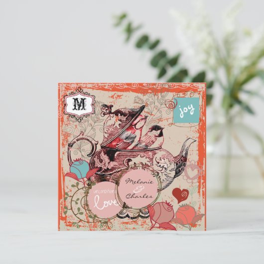 Teapot Fantasy Grunge Square Weddenschap Kaart (Staand voorkant)