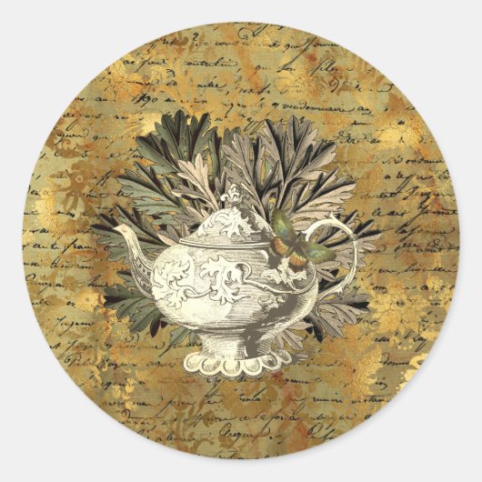  Teapot & Golden Ephemera Ronde Sticker (Voorkant)