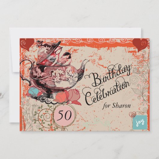  Teapot Grunge Custom Birthday Invite Kaart (Voorkant)