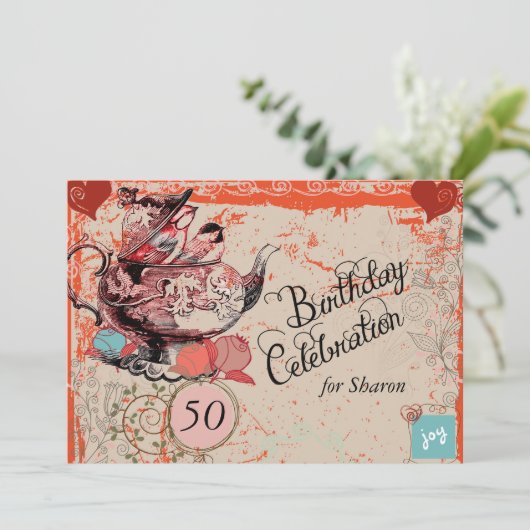  Teapot Grunge Custom Birthday Invite Kaart (Staand voorkant)