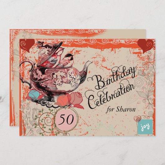 Teapot Grunge Custom Birthday Invite Kaart (Voorkant / Achterkant)