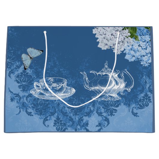 Teapot Hydrangea Blue Damask Gift Bag Groot Cadeauzakje (Voorkant)