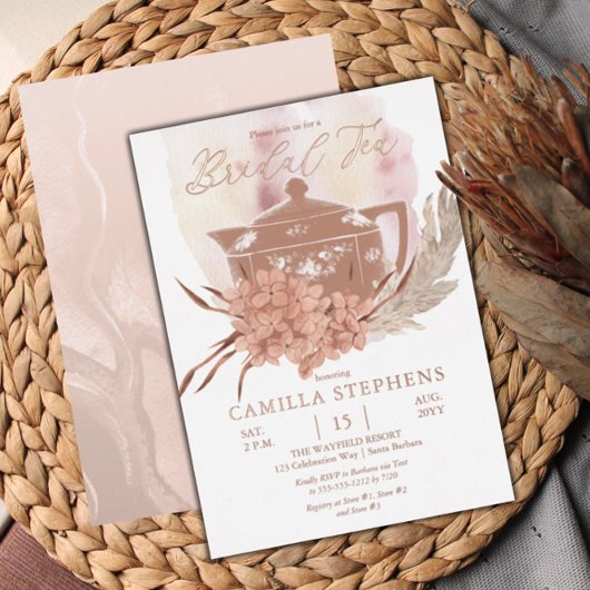 Teapot | Hydrangeas | Pampas Grass Bridal Tea Folie Uitnodiging