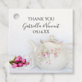 Teapot met roze rozen bruiloft bedankjes labels