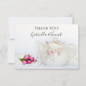 Teapot met roze rozen bruiloft bedankkaart (Voorkant)