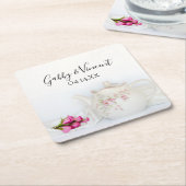 Teapot met roze rozen bruiloft kartonnen onderzetters (Schuin)