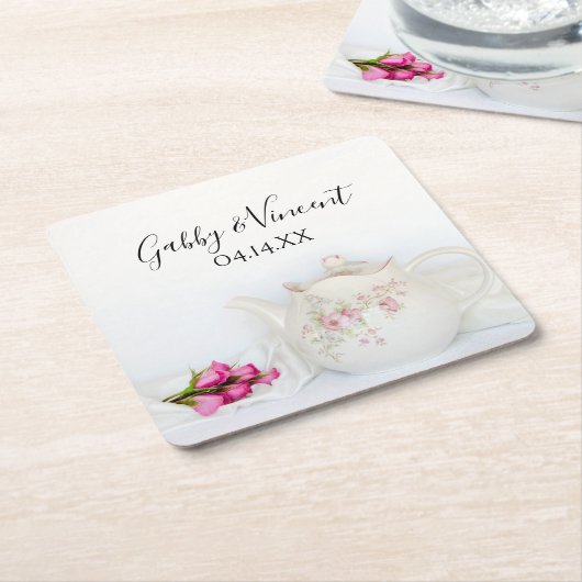 Teapot met roze rozen bruiloft kartonnen onderzetters (Schuin)