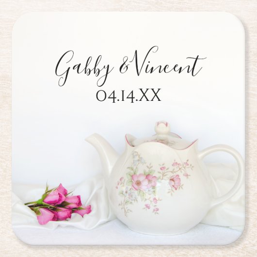 Teapot met roze rozen bruiloft kartonnen onderzetters (Voorkant)