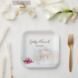 Teapot met roze rozen bruiloft papieren bordje