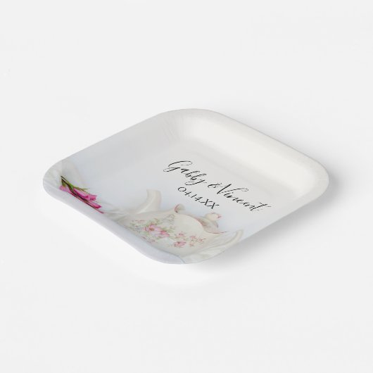 Teapot met roze rozen bruiloft papieren bordje (Gebogen)