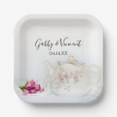 Teapot met roze rozen bruiloft papieren bordje (Voorkant)