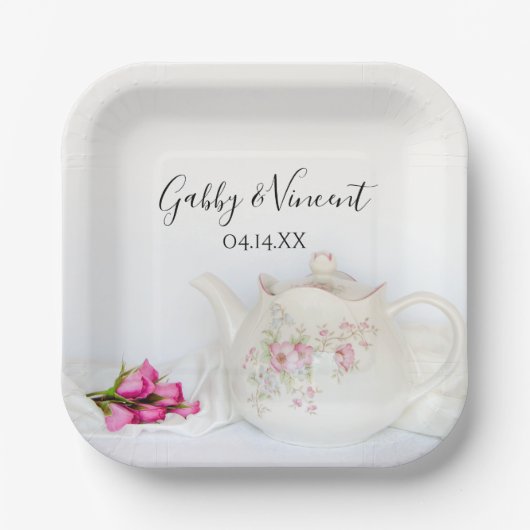 Teapot met roze rozen bruiloft papieren bordje (Voorkant)