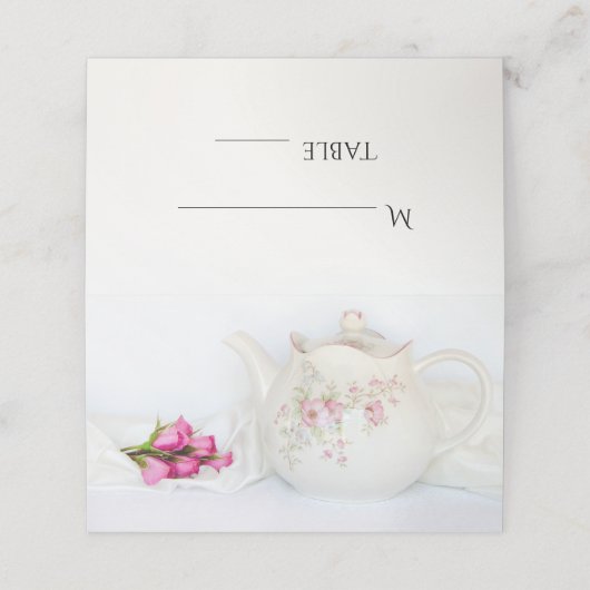 Teapot met roze rozen bruiloft plaatskaartje (Buitenkant ongevouwen)