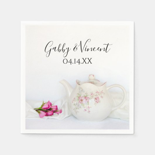 Teapot met roze rozen bruiloft servet (Voorkant)
