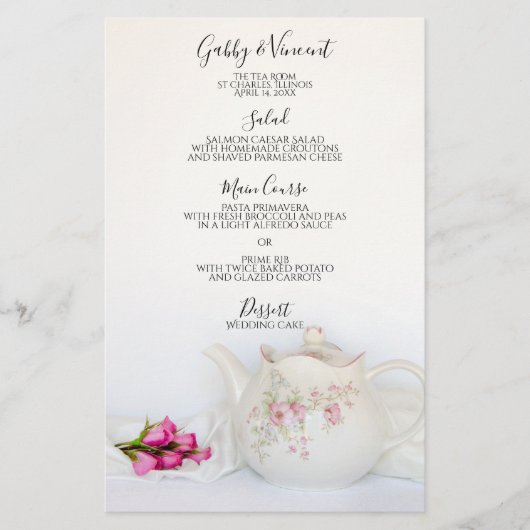 Teapot met roze rozen het Menu van de Weddenschap  (Voorkant)