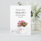 Teapot met roze rozen Quinceanera Dank je Bedankkaart (Staand voorkant)