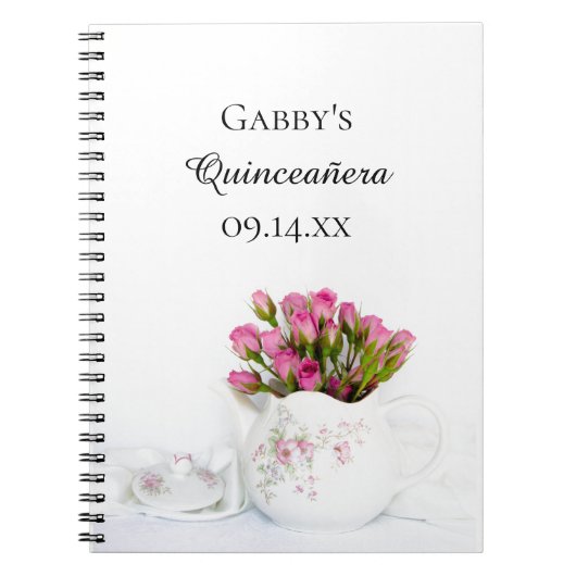 Teapot met roze rozen Quinceañera Guest Book Notitieboek (Voorkant)