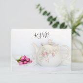 Teapot met roze rozen RSVP Reply Kaart (Staand voorkant)