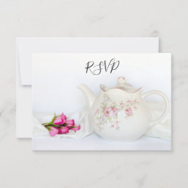 Teapot met roze rozen RSVP Reply Kaart
