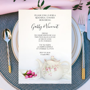 Teapot met roze rozen Tea Party repesal Dinner Kaart