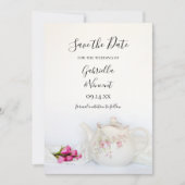Teapot met roze rozen Tea Party Save the Date (Voorkant)