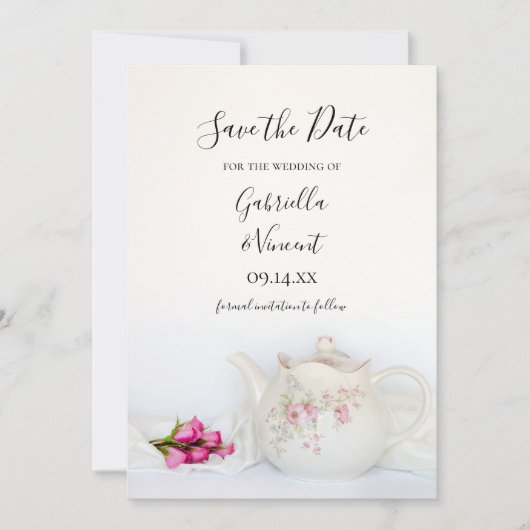 Teapot met roze rozen Tea Party Save the Date (Voorkant)