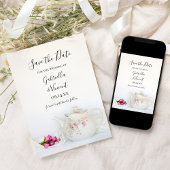 Teapot met roze rozen Tea Party Save the Date