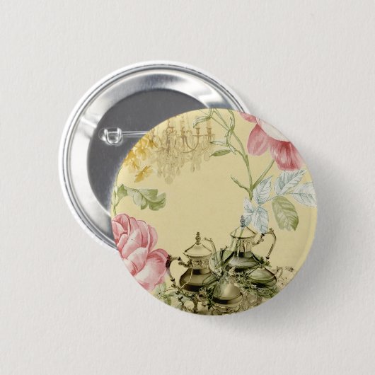 Teapot Paris Tea Party Ronde Button 5,7 Cm (Voorkant /achterkant)