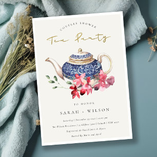Teapot Red Floral Couples Shower Tea Party nodigt Bedankkaart