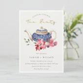 Teapot Red Floral Couples Shower Tea Party nodigt Bedankkaart (Staand voorkant)