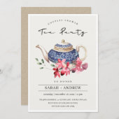 Teapot Red Floral Couples Shower Tea Party nodigt  Bedankkaart (Voorkant / Achterkant)