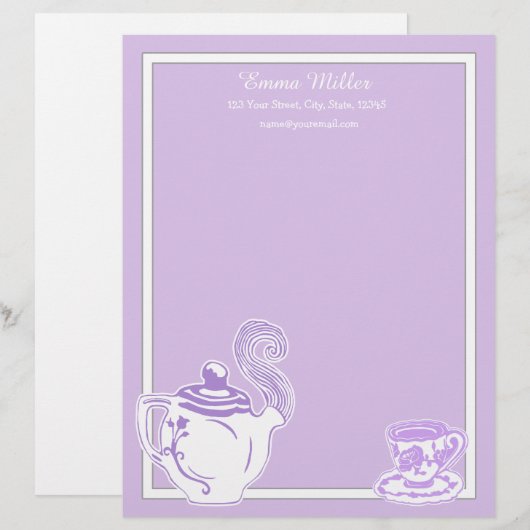 Teapot & Teacup Lavender & White Custom Letterhead Briefhoofd (Voorkant / Achterkant)