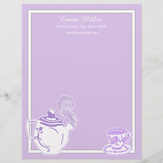 Teapot & Teacup Lavender & White Custom Letterhead Custom Briefhoofd (Voorkant)