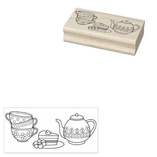 Teapot, Teacups en Cake Rubberstempel (Gestempeld)