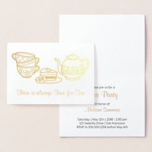 Teapot, Teacups en Cake Tea Party Invitation Folie Kaarten