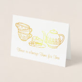Teapot, Teacups en Cake Tea Party Invitation Folie Kaarten (Voorkant)