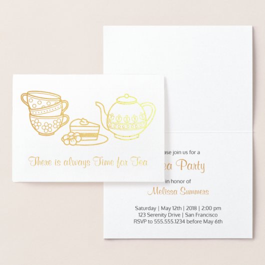 Teapot, Teacups en Cake Tea Party Invitation Folie Kaarten (Display)