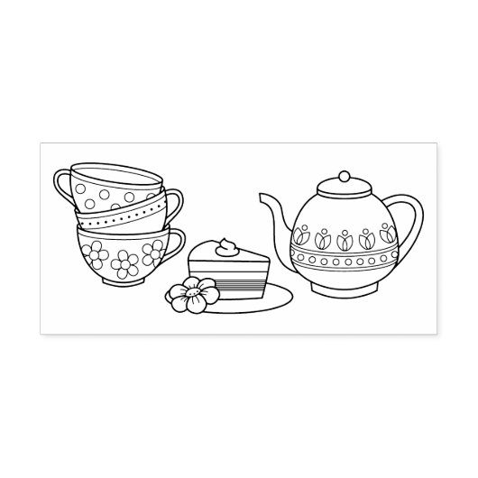 Teapot, Teacups en Cake Zelfinktende Stempel (Design)